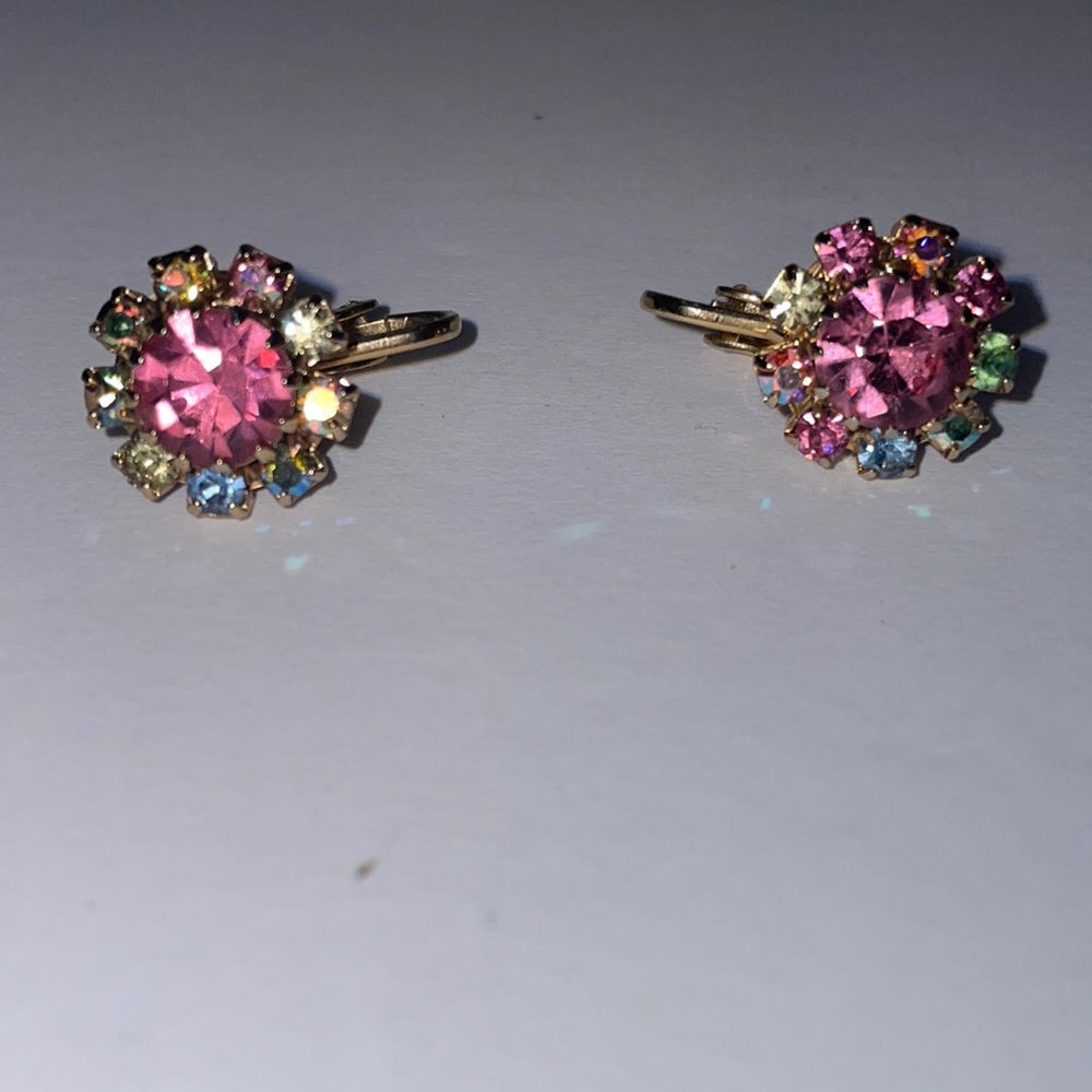 Amethyst and multicolored crystals on gold tone setting